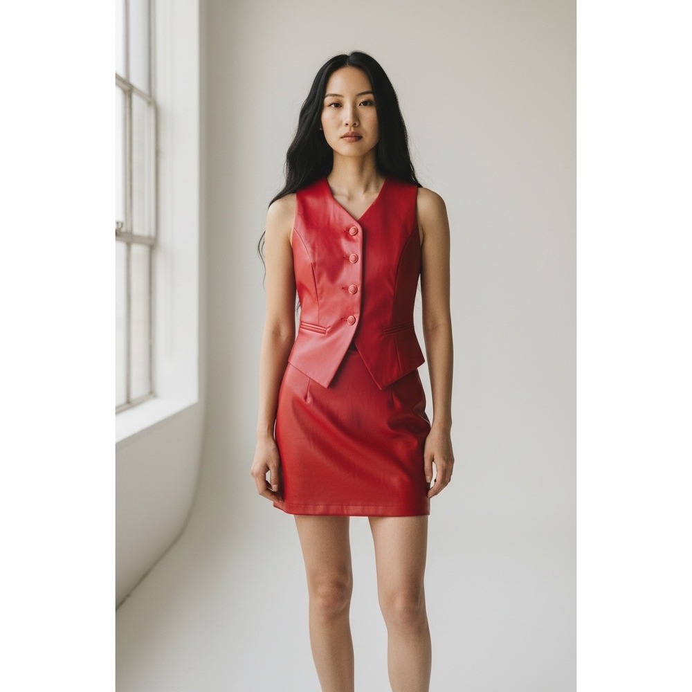 SHEIN Red Faux Leather 2 Piece Set Button Vest and Mini Skirt XS US 2